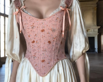 Dusty Rose Floral Renaissance Corset Top Romantic Cottagecore Boned Vintage Lace Up Bodice
