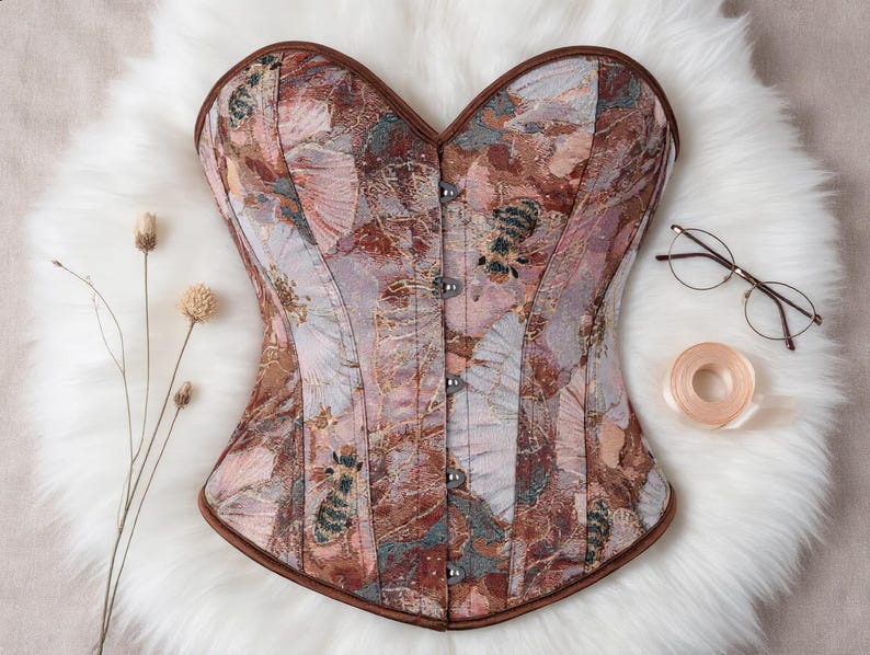 May include: A floral patterned corset in shades of brown, pink, and cream, with a brown trim. The corset has a sweetheart neckline and a row of silver-colored clasps down the front. The corset is displayed on a white, fluffy surface, with eyeglasses and a roll of ribbon nearby.