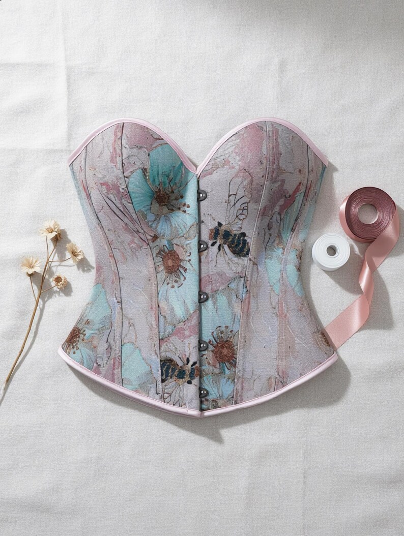 May include: A floral-patterned corset with a light pink trim and a row of black buttons down the front. The corset features a design of blue and pink flowers and bees. A spool of pink ribbon and a sprig of dried flowers are also visible.