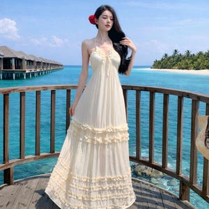 white christmas dresses Criss Cross Halter Straps Luxurious Cream Colored Dress main image 0
