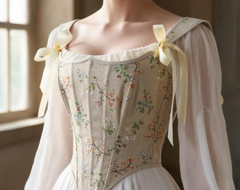 Beige Floral Cottagecore Corset Top: Vintage Lace Up Bustier
