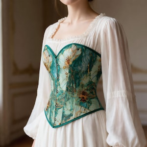 May include: A teal and gold floral corset with a sweetheart neckline and a green trim. The corset is worn over a white blouse with long, puffy sleeves. The overall style is reminiscent of historical fashion.