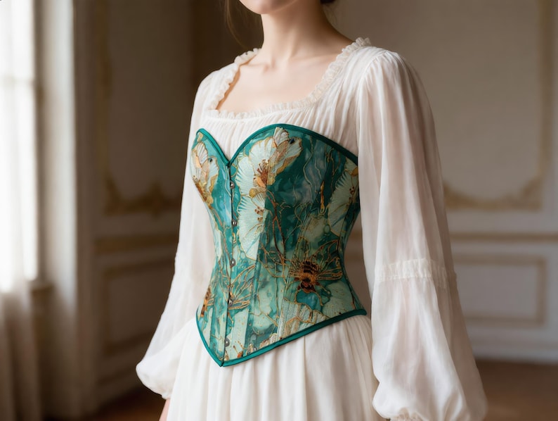 May include: A teal and gold floral corset with a sweetheart neckline and a green trim. The corset is worn over a white blouse with long, puffy sleeves. The overall style is reminiscent of historical fashion.