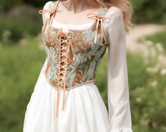 Sage Green Floral Tapestry Lace Up Corset Top Renaissance Inspired Boned Cottagecore Bodice