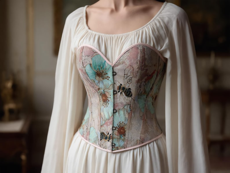 Floral Renaissance Corset Top: Vintage Botanical Bustier, Cottagecore Fairycore Style Blush Garden