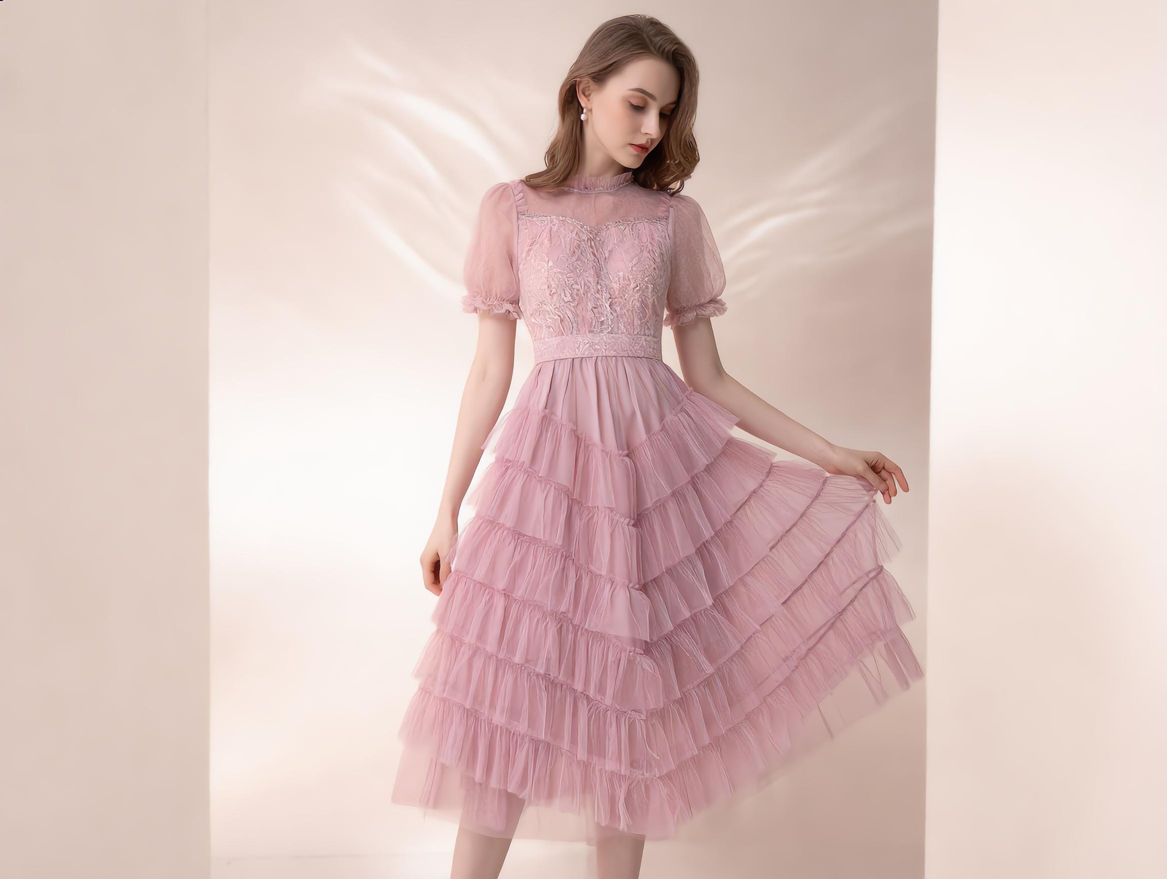 knee length dresses for ladies Kyra | Midi Dress | Apricot Blush - Boho Balloon Sleeve Gauze Cotton main image 1