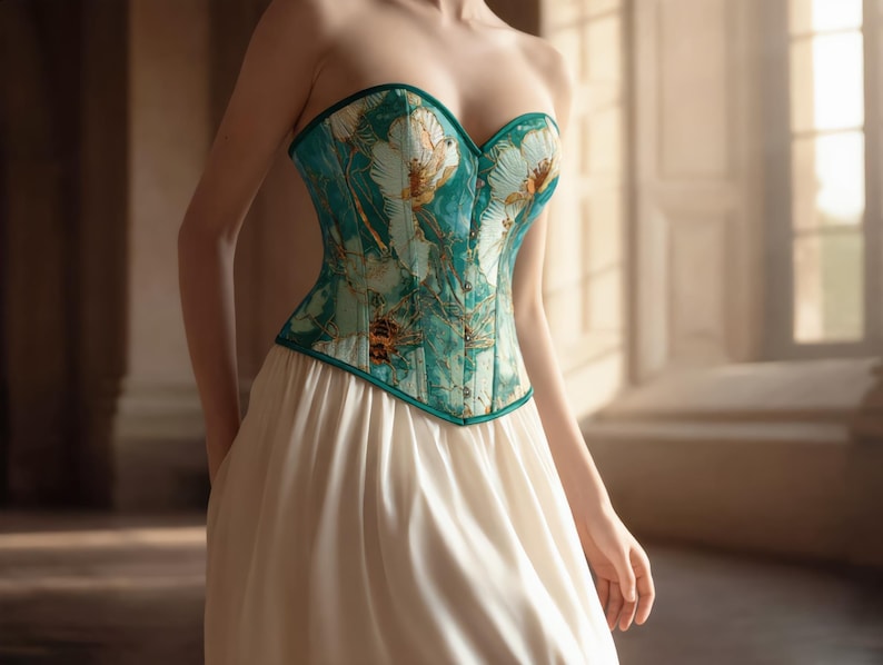 May include: A strapless teal corset with a floral pattern and a white skirt. The corset has a sweetheart neckline and is trimmed in teal. The skirt is long and flowing, creating an elegant silhouette.