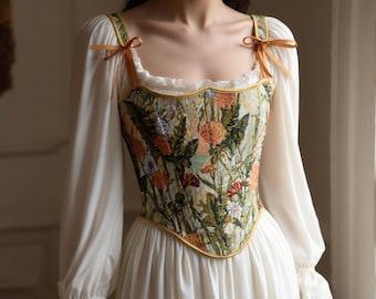 Floral Garden Corset Top: Vintage Inspired Lace-Up Bustier, Cottagecore Style