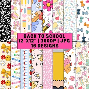Back to School Digital Papers, seamless repeat pattern, Printable Digital Paper, Teacher Classroom Scrapbook Paper, Girly Pink Pencil Paper