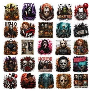 May include: A collection of twenty-five distinct horror-themed graphic illustrations featuring iconic characters, skulls, pumpkins, and spooky settings. The designs include text such as STAY SCARY, MONSTERS NEVER DIE, HELLO FALL, WANNA PLAY, and HORROR NIGHT.
