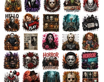 Pacote com 50 PNGs de terror para o Halloween, PNGs da temporada assustadora, PNGs de personagens de filmes de terror, sublimação de terror, design de camiseta de Halloween, download instantâneo