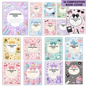 May include: A collection of 16 composition book covers featuring various pastel and vibrant patterns, including rainbows, clouds, animals, bows, cupcakes, and stationery items. Each cover has a central scalloped label with the text COMPOSITION BOOK.