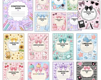 May include: A collection of 16 composition book covers featuring various pastel and vibrant patterns, including rainbows, clouds, animals, bows, cupcakes, and stationery items. Each cover has a central scalloped label with the text COMPOSITION BOOK.