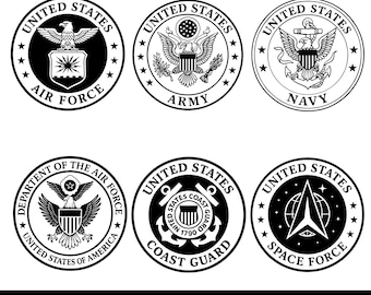 Paquete de logotipos militares de EE. UU. en formato SVG y PNG, del ejército, de la marina, de la fuerza aérea, de la guardia costera, de la fuerza espacial, insignias de artesanía, SVG patriótico, logotipo militar estadounidense.