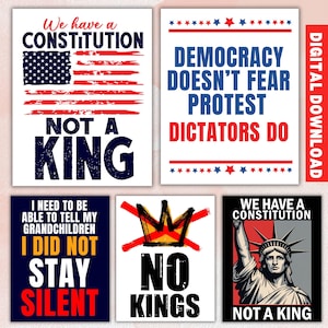 May include: A collection of digital download prints with patriotic themes. The prints feature text like "We have a Constitution, Not a King," and "Democracy Doesn't Fear Protest, Dictators Do." The designs incorporate the American flag and Statue of Liberty.