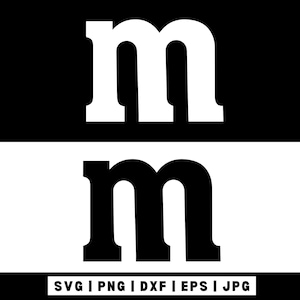 Könnte beinhalten: Ein Grafikdesign mit dem Kleinbuchstaben m in zwei Varianten: ein weißer Buchstabe auf schwarzem Hintergrund und ein schwarzer Buchstabe auf weißem Hintergrund. Unter den Buchstaben steht der Text SVG | PNG | DXF | EPS | JPG in Schwarz.