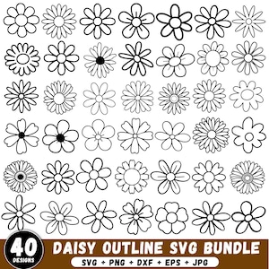 May include: A collection of 40 daisy outline designs in black and white. The image includes various daisy styles, with different petal shapes and center details. Text at the bottom reads "DAISY OUTLINE SVG BUNDLE" with file type options.