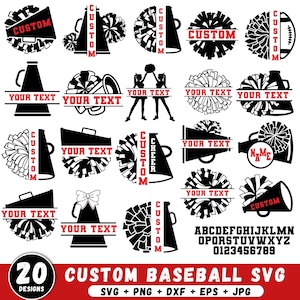 May include: A collection of 20 custom baseball SVG designs in black and white, including cheerleading elements like megaphones, pom-poms, and cheerleaders. The designs feature customizable text areas and a full alphabet and number set.