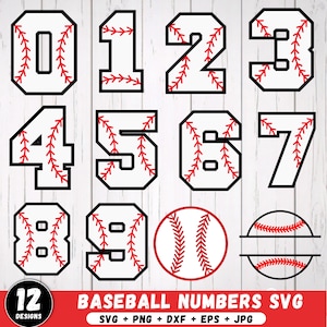 Puede incluir: Un conjunto de números de béisbol del 0 al 9 en blanco y negro, con detalles de costura rojos. Incluye un gráfico de béisbol y el texto "BASEBALL NUMBERS SVG".