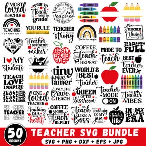 Puede incluir: Un conjunto de 50 diseños SVG con temática de profesores, con frases como "Most Loved Teacher" y "Best Teacher Ever". Los diseños incluyen manzanas, lápices y otros gráficos relacionados con la escuela. Disponible en formatos SVG, PNG, DXF, EPS y JPG.