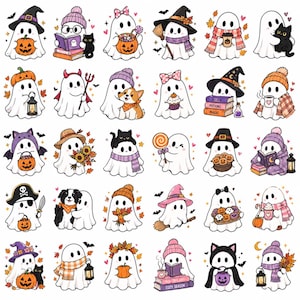 Peut inclure: Une collection de trente autocollants individuels représentant des fantômes de dessin animé dans diverses activités sur le thème d'Halloween, tenant des citrouilles, lisant des livres, portant des chapeaux et des écharpes, et avec des chats noirs.