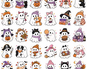 Puede incluir: Una colección de treinta pegatinas individuales que muestran fantasmas de dibujos animados en diversas actividades temáticas de Halloween, incluyendo sostener calabazas, leer libros, usar sombreros y bufandas, e interactuar con gatos negros y perros.