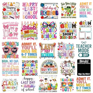 Op de afbeelding: Een verzameling kleurrijke grafische ontwerpen met tekst over de laatste schooldag en de zomervakantie. Ontwerpen bevatten zinnen als "Happy Last Day of School" en "School's Out for Summer".