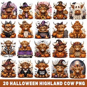 Op de afbeelding: Een verzameling van twintig digitale illustraties met pluizige Schotse Hooglanders in diverse Halloween-thema scènes, inclusief pompoenen, heksenhoeden, spoken, spinnenwebben en feestelijke borden met teksten zoals Boo Y'all en Creep It Real.