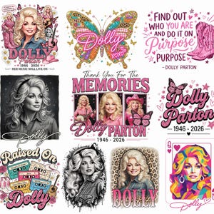 Könnte beinhalten: Eine Sammlung von neun Grafikdesigns mit Dolly Parton, darunter Porträts, ein Schmetterling, Kassetten und Cowboystiefel. Die Designs enthalten rosa, goldene und Leopardenmuster-Akzente mit Texten wie Dolly Parton 1946-2026, Find out who you are and do it on purpose und Thank you for the memories.