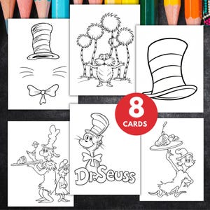 May include: Eight white cards featuring black and white illustrations of characters and elements from Dr. Seuss books. The cards include images of the Cat in the Hat, the Lorax, and other iconic characters. A red circle indicates "8 CARDS".