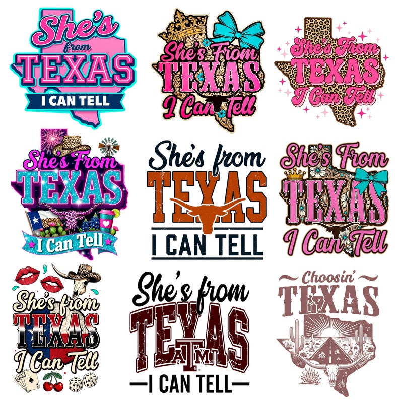 Puede incluir: Nueve dise&ntilde;os gr&aacute;ficos con el texto "She's from Texas I Can Tell". Los dise&ntilde;os presentan el estado de Texas, un longhorn y otros elementos tem&aacute;ticos de Texas en varios colores, incluyendo rosa, azul y marr&oacute;n. Los dise&ntilde;os est&aacute;n sobre un fondo blanco.