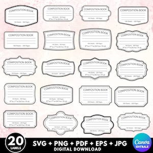 May include: A collection of 20 black and white digital labels for composition books, each featuring the text COMPOSITION BOOK, lines for writing, and the notation 100 Sheets - 200 Pages, with some labels including 9 3/4 in x 7 1/2 in (24.7cm x 19 cm).