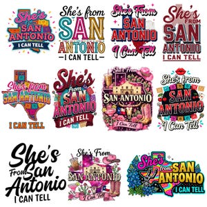 Puede incluir: Colección de diseños gráficos coloridos con el texto "She's from San Antonio I Can Tell". Los diseños presentan elementos temáticos de Texas como el Álamo, botas de vaquero y el contorno del estado.