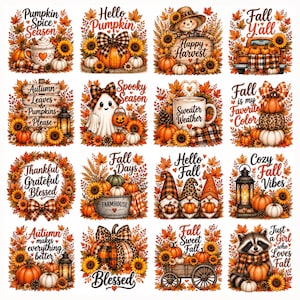 Op de afbeelding: Een verzameling van zestien herfst-thema illustraties met pompoenen, zonnebloemen, kabouters, een spookje, een wasbeer en lantaarns. Elk ontwerp bevat seizoensgebonden tekst zoals Pumpkin Spice Season, Hello Pumpkin en Cozy Fall Vibes.