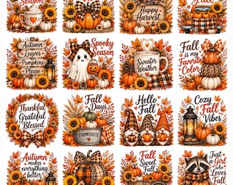 May include: A collection of sixteen autumn-themed illustrations featuring pumpkins, sunflowers, gnomes, a ghost, a raccoon, and lanterns. Each design includes seasonal text such as Pumpkin Spice Season, Hello Pumpkin, Happy Harvest, Fall Y'all, and Cozy Fall Vibes.