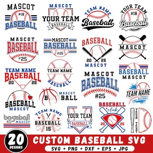May include: A collection of 20 custom baseball SVG designs in red, white, and blue. Each design features baseballs, bats, and text such as "Mascot", "Team Name", and "Baseball Club". Formats include SVG, PNG, DXF, EPS, and JPG.