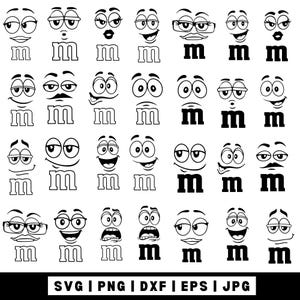 May include: A collection of black and white graphic illustrations featuring various cartoon faces with different expressions, each paired with a lowercase letter m. The bottom of the image displays the text SVG | PNG | DXF | EPS | JPG.