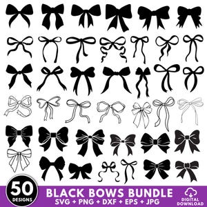 Paquete de SVG de lazo negro, SVG de lazo de cinta, SVG de lazo coqueto, SVG de cinta, SVG de lazo, SVG de lazo para el cabello, SVG de contorno de lazo, SVG de pajarita, imágenes prediseñadas de lazo dibujado a mano