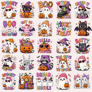 Könnte beinhalten: Eine Sammlung von fünfundzwanzig farbenfrohen Halloween-Illustrationen mit Geistern, Kürbissen, Skeletten, Fledermäusen und Waschbären. Jede Grafik enthält verspielte Texte wie Spooky, Boo, Trick or Treat und Hello Pumpkin in leuchtenden Farben.