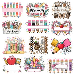 May include: A collection of twelve digital illustrations featuring school-themed designs with pencils, apples, books, bows, and rulers. Several designs include blank name plates or text such as Mrs. Smith, Mrs. Emily, Mrs. Kayce, and Mrs. Collins.