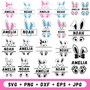 May include: A collection of Easter-themed digital designs featuring bunnies with names like "Amelia" and "Noah." The designs include bunny faces, ears, and paw prints, in various colors. The bottom of the image displays "SVG + PNG + DXF + EPS + JPG."