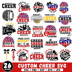 May include: A collection of 26 digital graphic designs featuring cheerleading themes, including megaphones, pom-poms, bows, and footballs. The designs incorporate text such as Cheer, Mascot, and Team Name in various fonts, colours, and layouts.