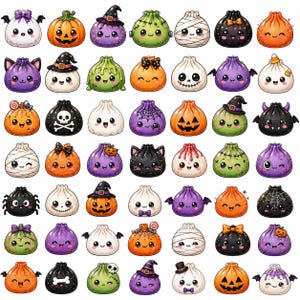 May include: A collection of forty-two small, round, cartoon-style characters featuring various Halloween themes. The characters include pumpkins, ghosts, mummies, spiders, bats, and skulls, all with expressive faces, vibrant colors, and festive accessories.
