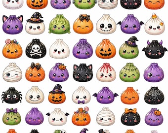 Könnte beinhalten: Eine Sammlung von zweiundvierzig kleinen, runden Cartoon-Figuren mit verschiedenen Halloween-Motiven. Die Figuren umfassen Kürbisse, Geister, Mumien, Spinnen, Fledermäuse und Totenköpfe, alle mit ausdrucksstarken Gesichtern, leuchtenden Farben und Accessoires.