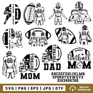 May include: A collection of black and white digital graphic designs featuring American football players, helmets, and balls. Includes text elements like 'YOUR TEXT', 'NAME 00', 'FOOTBALL MOM', 'FOOTBALL DAD', and a full alphabet and number set.