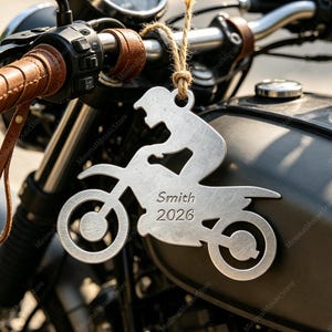 Custom Dirt Bike Rider Metal Ornament, Personalized Motocross Silhouette Hanging Charm, Custom Name Motorbike Gift, Biker Car Mirror Decor