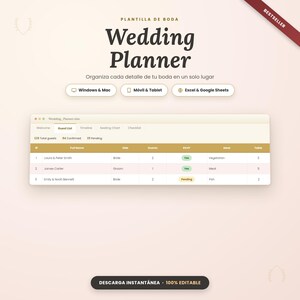 Puede incluir: Una plantilla digital de planificador de bodas con el texto Wedding Planner, Plantilla de Boda y una interfaz de hoja de cálculo para la lista de invitados. Incluye iconos para Windows, Mac, móvil, tablet, Excel y Google Sheets.