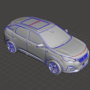 May include: A 3D model of a grey SUV with blue outline detailing. The vehicle features a sunroof and blue wheels. The model is set against a grey grid background, showcasing the car's design.