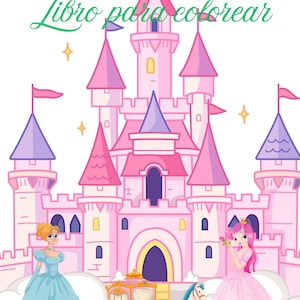 Puede incluir: Una portada de libro para colorear titulada PRINCESAS Libro para colorear, que muestra un gran castillo rosa con torres moradas, un carruaje tirado por un caballo y dos figuras con vestidos frente a la estructura sobre un fondo blanco.