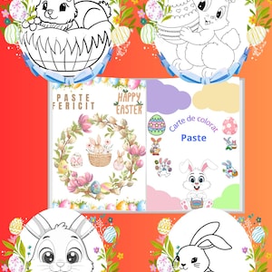 May include: A colorful Easter-themed illustration featuring cartoon bunnies, Easter eggs, and floral decorations. The image includes the text "Happy Easter" and "Carte de colorat Paste", suggesting a coloring book or activity sheet.